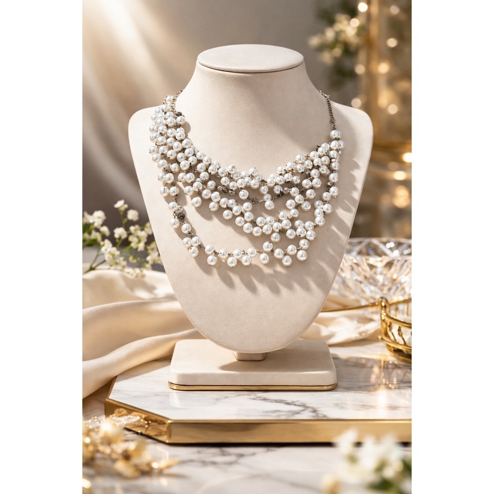 Layered Faux Pearl Statement Necklace Multi Strand Cluster Bib
